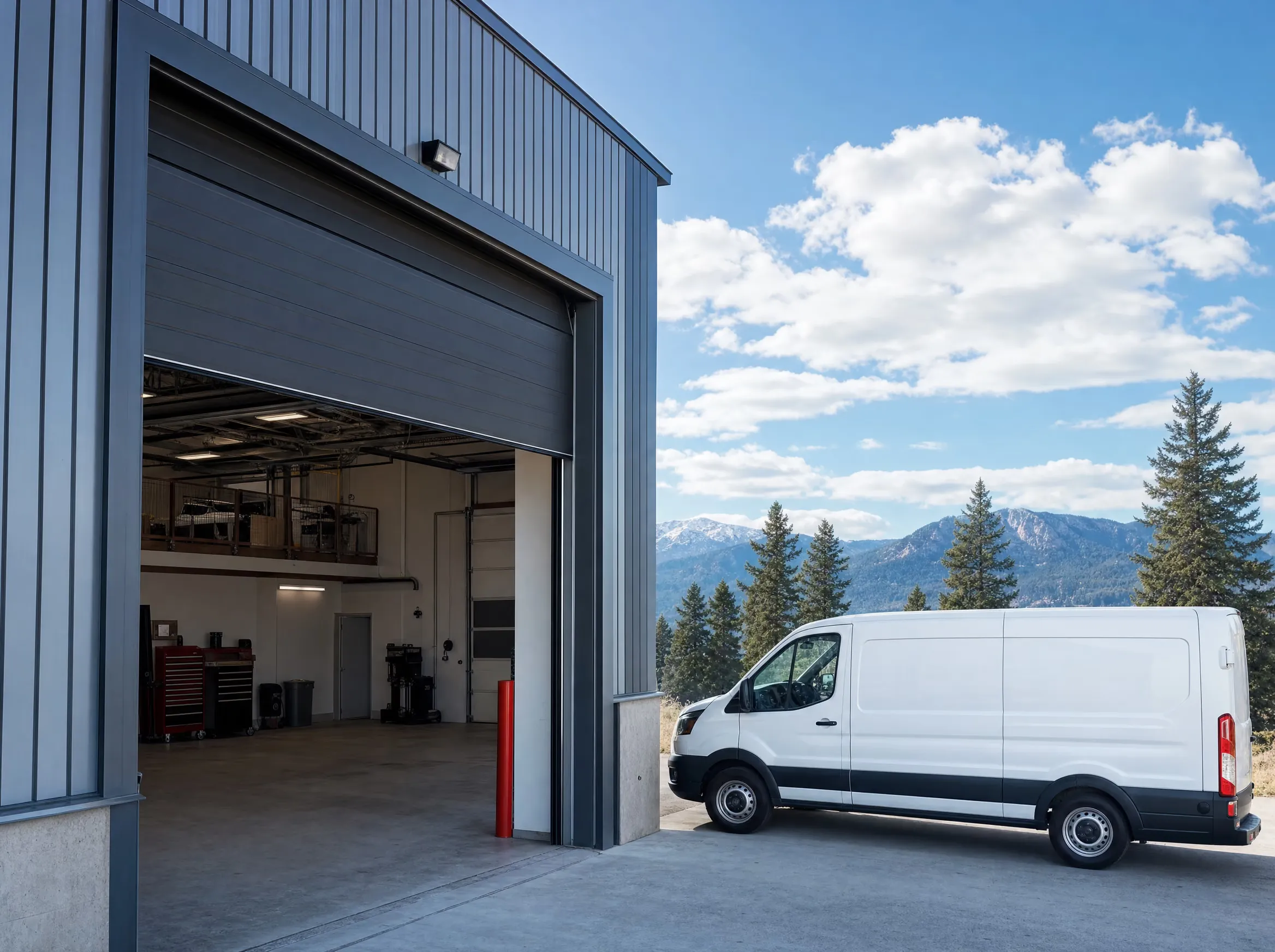 A commercial sectional overhead door at a light-industrial building near Salmon Arm