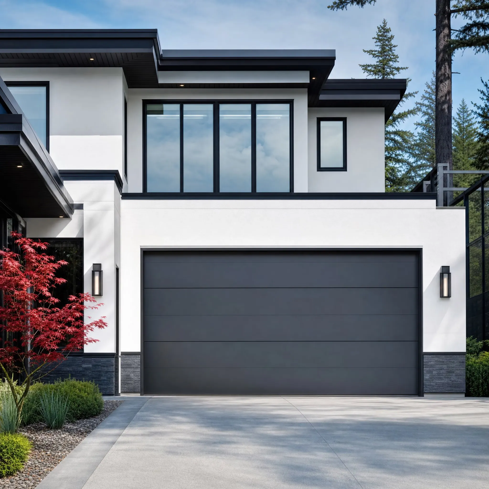A charcoal flush-panel aluminum garage door installed on a contemporary Okanagan home