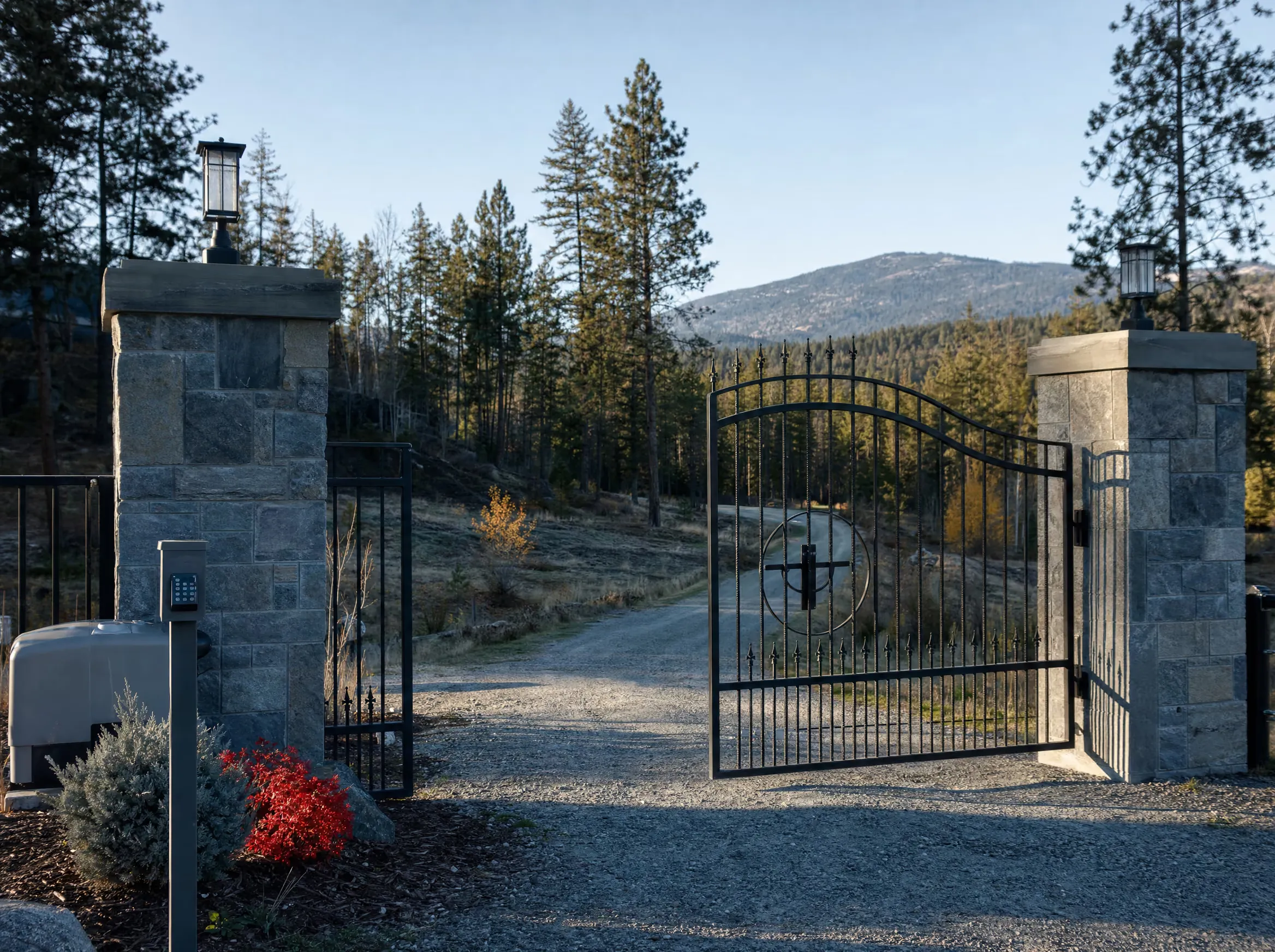 An automated metal driveway gate at the entrance of a rural Okanagan acreage