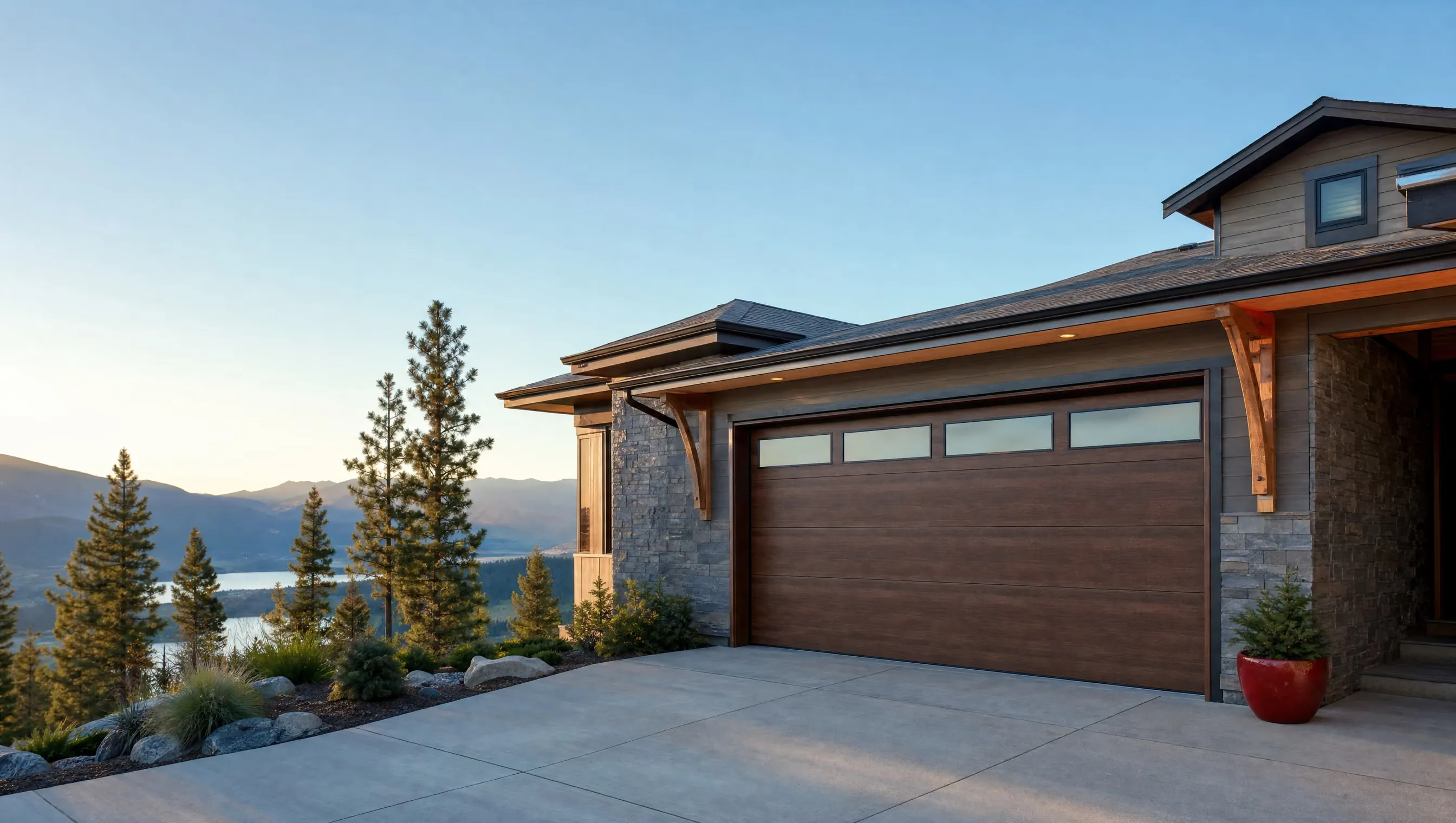 A newly installed wood-look sectional garage door on a craftsman home overlooking the Shuswap lake and mountains