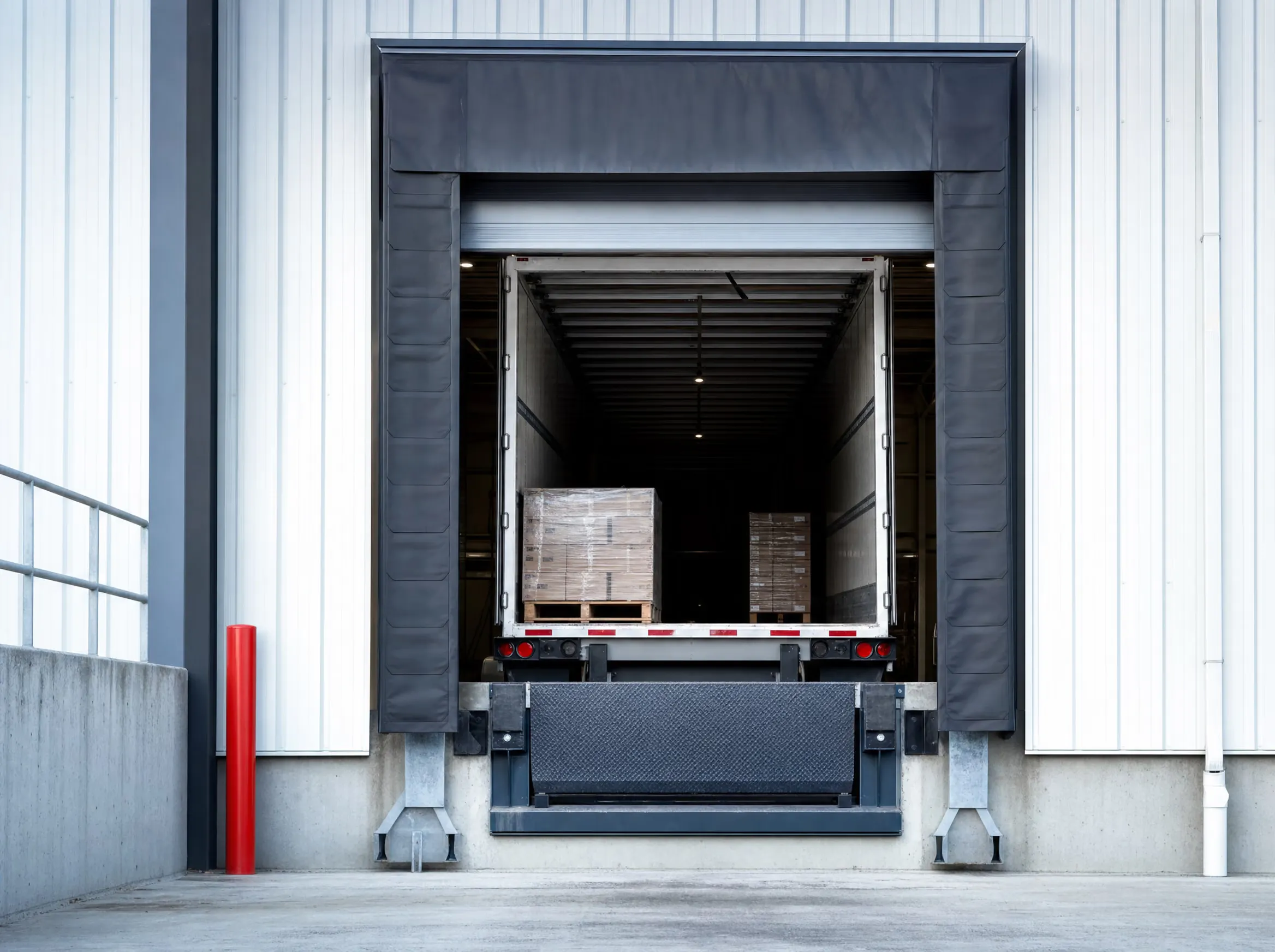 A loading dock with a raised steel door, dock leveler and seal with a truck backed in