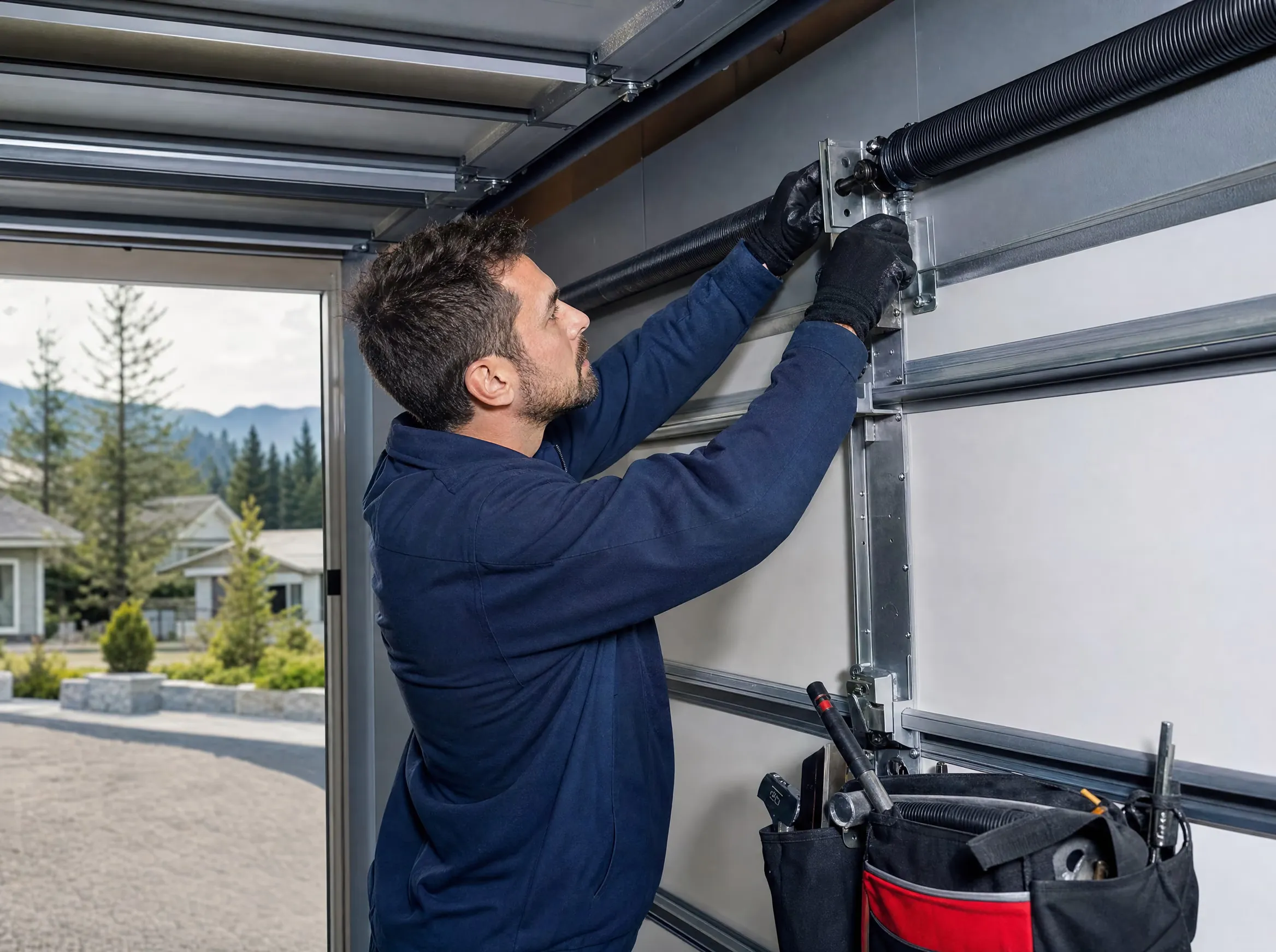 A Viking Doors technician adjusting the torsion spring on a residential garage door